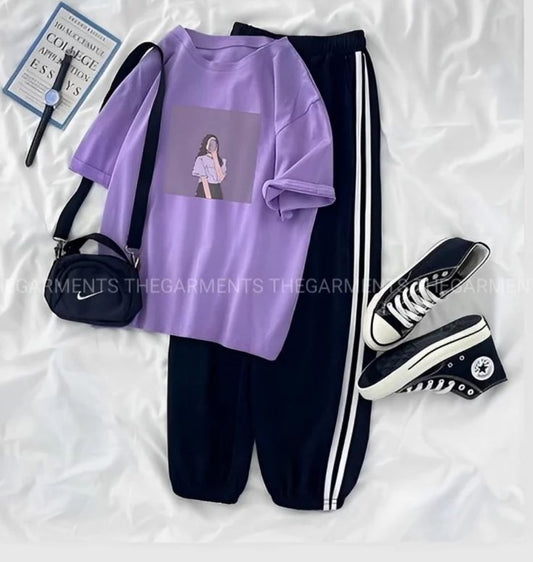 PURPLE BACKGROUND GIRL LILAC TSHIRT WITH THREE STRIPE TROUSER