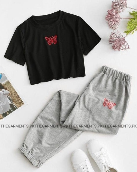 RED BUTTERFLY POCKET SIZE IN CENTRE BLACK CROP TSHIRT WITH GREY TROUSER RED BUTTERFLY POCKET