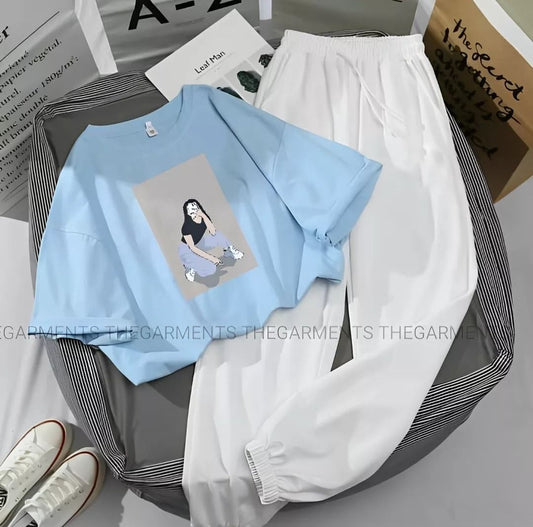 SITTING CAMERA  GIRL SKY BLUE TSHIRT WITH WHITE TROUSER