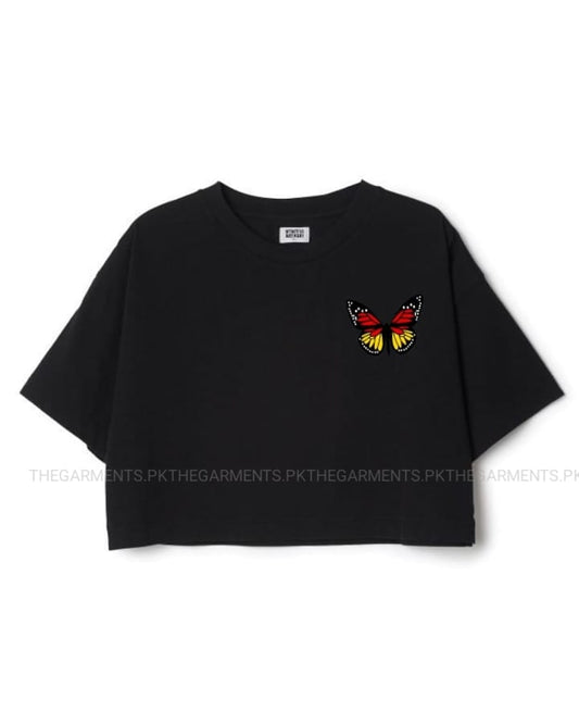 BLACK CROP TSHIRT (RED YELLOW BUTTERFLY ON POCKET)