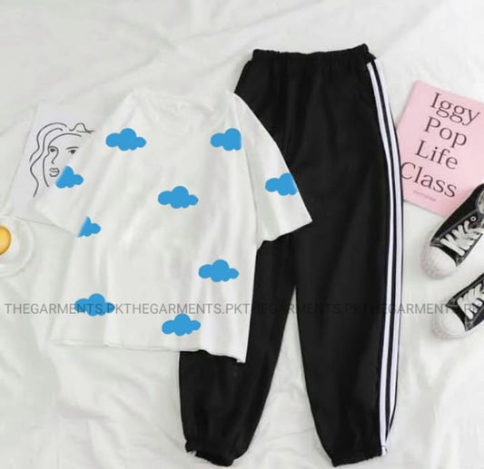 BLUE CLOUDS ALL OVER  WHITE TSHIRT WITH THREE STRIPE TROUSER