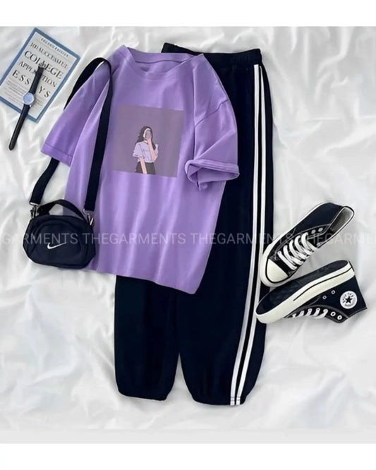 LILAC TSHIRT PURPLE BACKGROUND GIRL WITH 3 STRIPE TROUSER