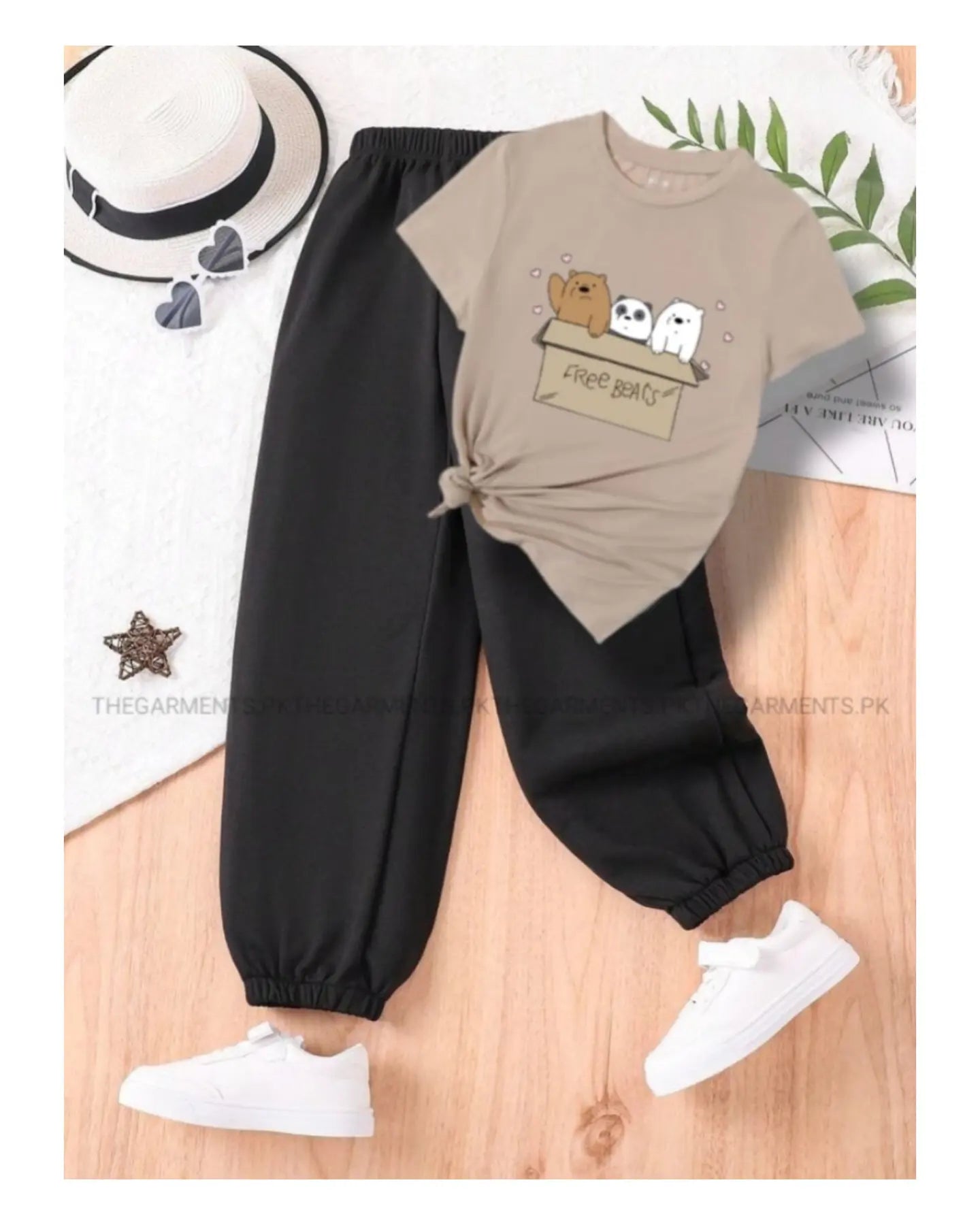 LIGHT BEIGE TSHIRT FREE BEAR WITH BLACK TROUSER