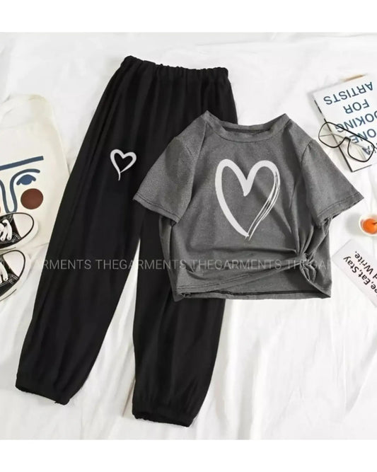 CHARCOAL TSHIRT SHREDED HEART WITH BLACK TROUSER ( SHREDED HEART pocket)