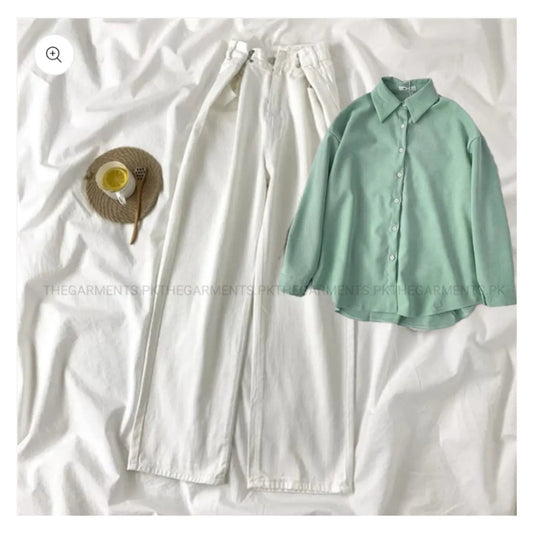 SEA GREEN  BUTTON SHIRT WITH WHITE WIDE LEG JEANS