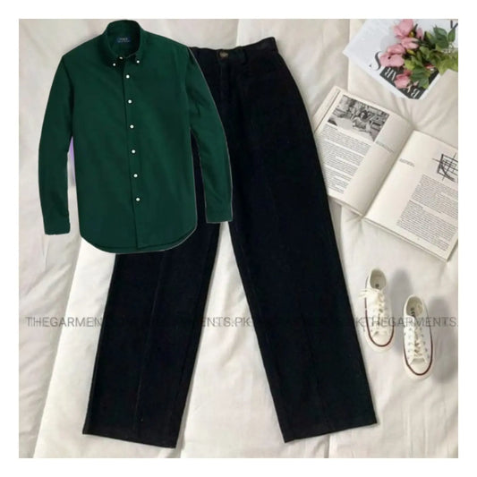 BOTTLE GREEN  BUTTON SHIRT WITH BLACK WIDE LEG JEANS