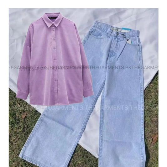 LILAC BUTTON SHIRT WITH PURE ICE BLUE WIDE LEG JEANS