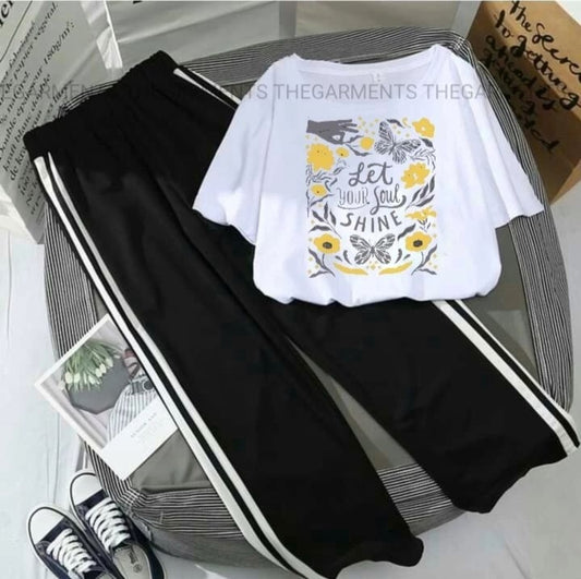 LET YOUR SOUL SHINE WHITE T-SHIRT WITH THREE STRIPE TROUSERS