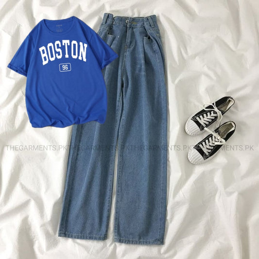 BOSTON  ROYAL BLUE TSHIRT WITH MID BLUE  WIDE LEG JEANS