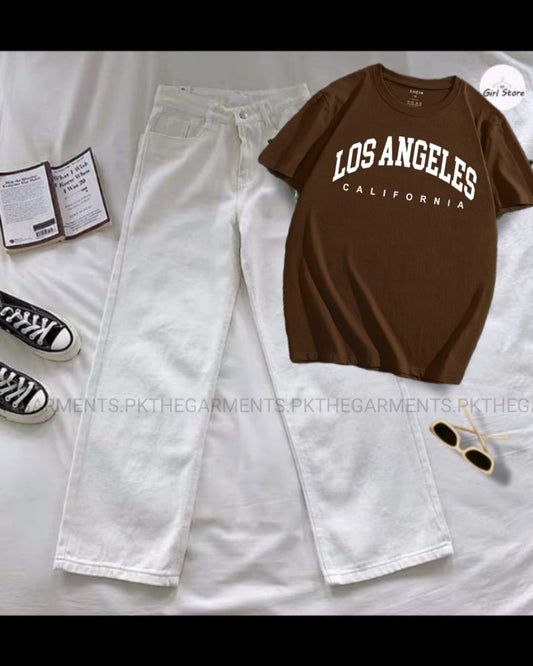 LOS ANGELES DARK BROWN TSHIRT WITH WHITE  WIDE LEG JEANS