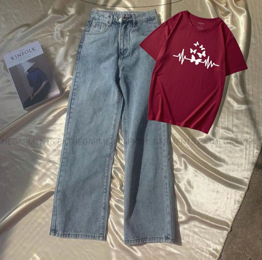 BUTTERFLY HEART VEIN MAROON TSHIRT WITH ICY MID  WIDE LEG JEANS
