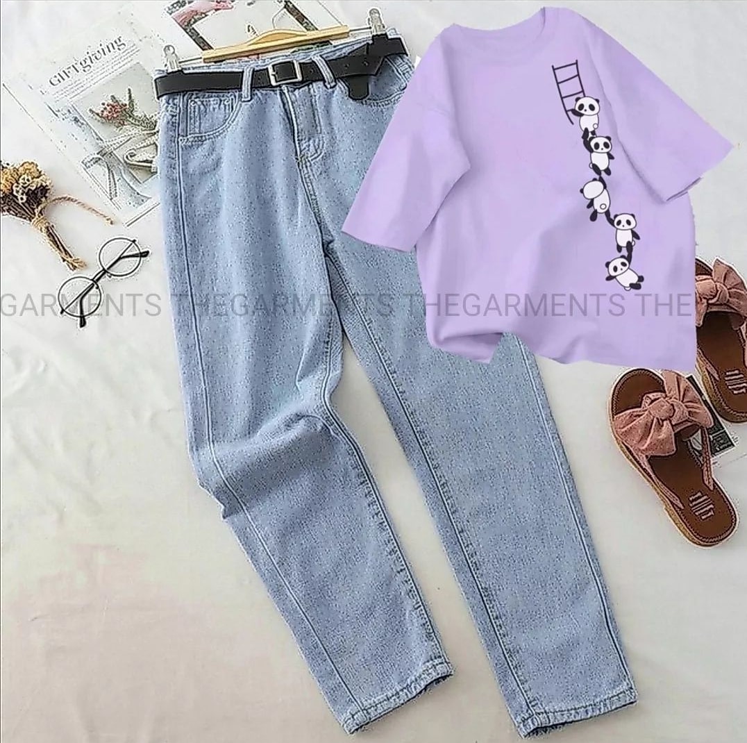PANDA LADDER LILAC TSHIRT WITH ICE BLUE MOM JEANS