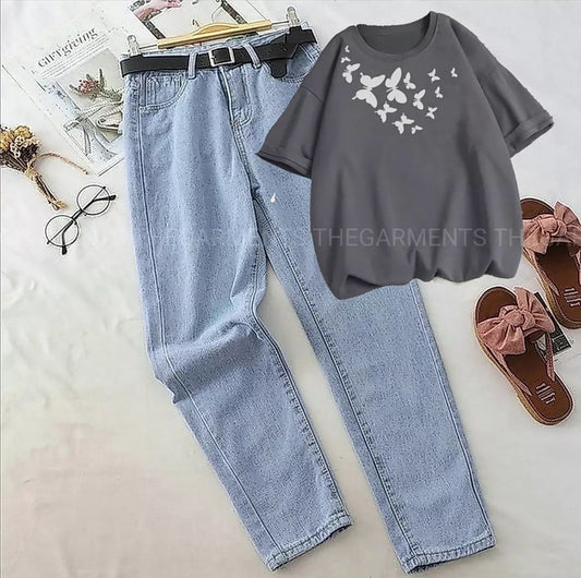 SHOULDER BUTTERFLY STEEL GREY TSHIRT WITH ICE BLUE MOM JEANS