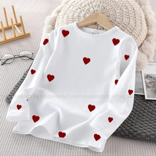 WHITE FULL SLEEVES T-SHIRT ( RED HEARTS ALL OVER)