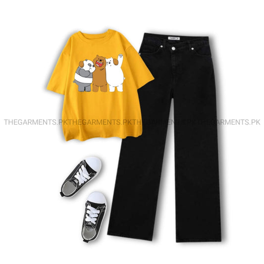 TOGETHER BEAR YELLOW T-SHIRT WITH BLACK WIDE LEG JEANS