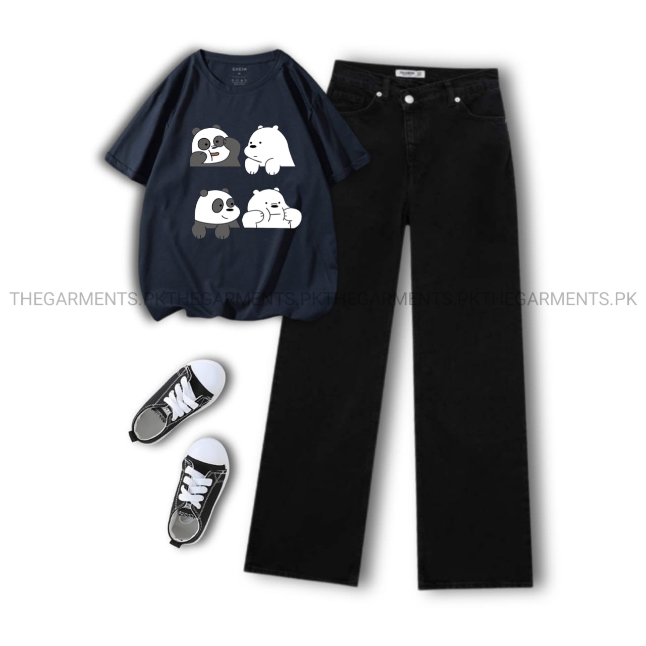 FOUR BEAR NAVY BLUE T-SHIRT WITH BLACK WIDE LEG JEANS