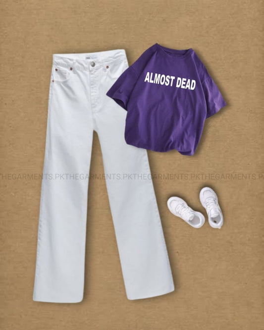 ALMOST DEAD PURPLE TSHIRT WITH WHITE WIDE LEG JEANS