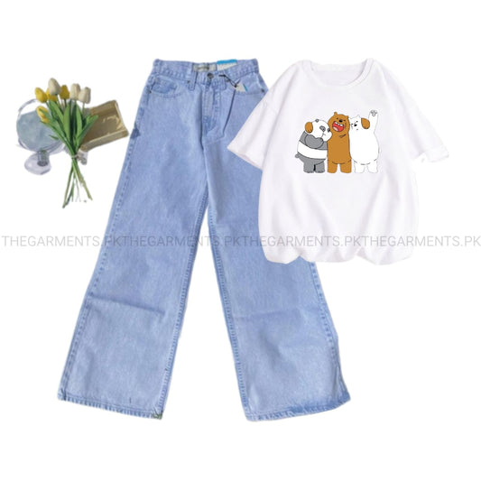 TOGETHER BEAR WHITE TSHIRT WITH ICE BLUE WIDE LEG JEANS