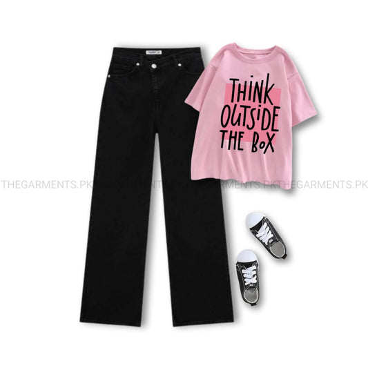 THINK OUTSIDE THE BOX PINK TSHIRT WITH BLACK WIDE LEG JEANS