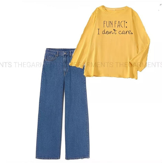 FUN FACT I DONT CARE YELLOW FULL SLEEVES WITH DARK BLUE WIDE LEG  JEANS