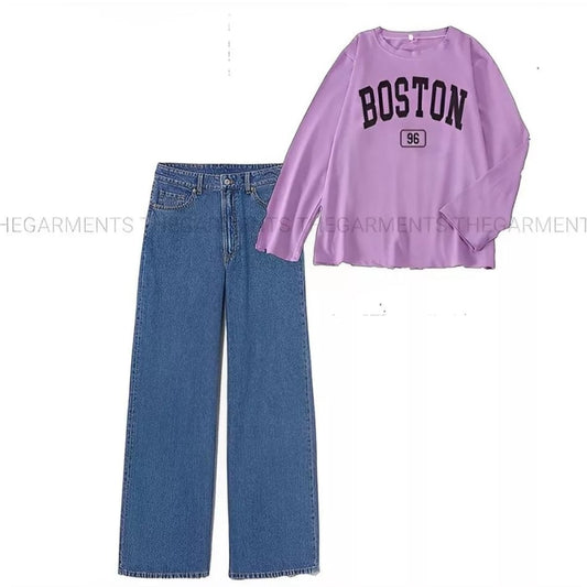 BOSTON LILAC FULL SLEEVES WITH DARK BLUE WIDE LEG  JEANS