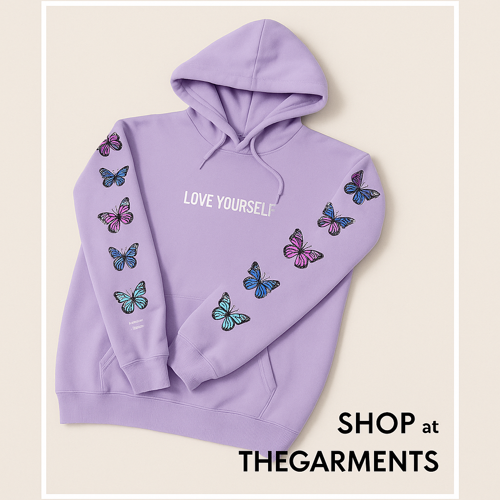 LILAC LOVE YOURSELF HOODIE WITH COLORFUL BUTTERFLIES ON SLEEVES