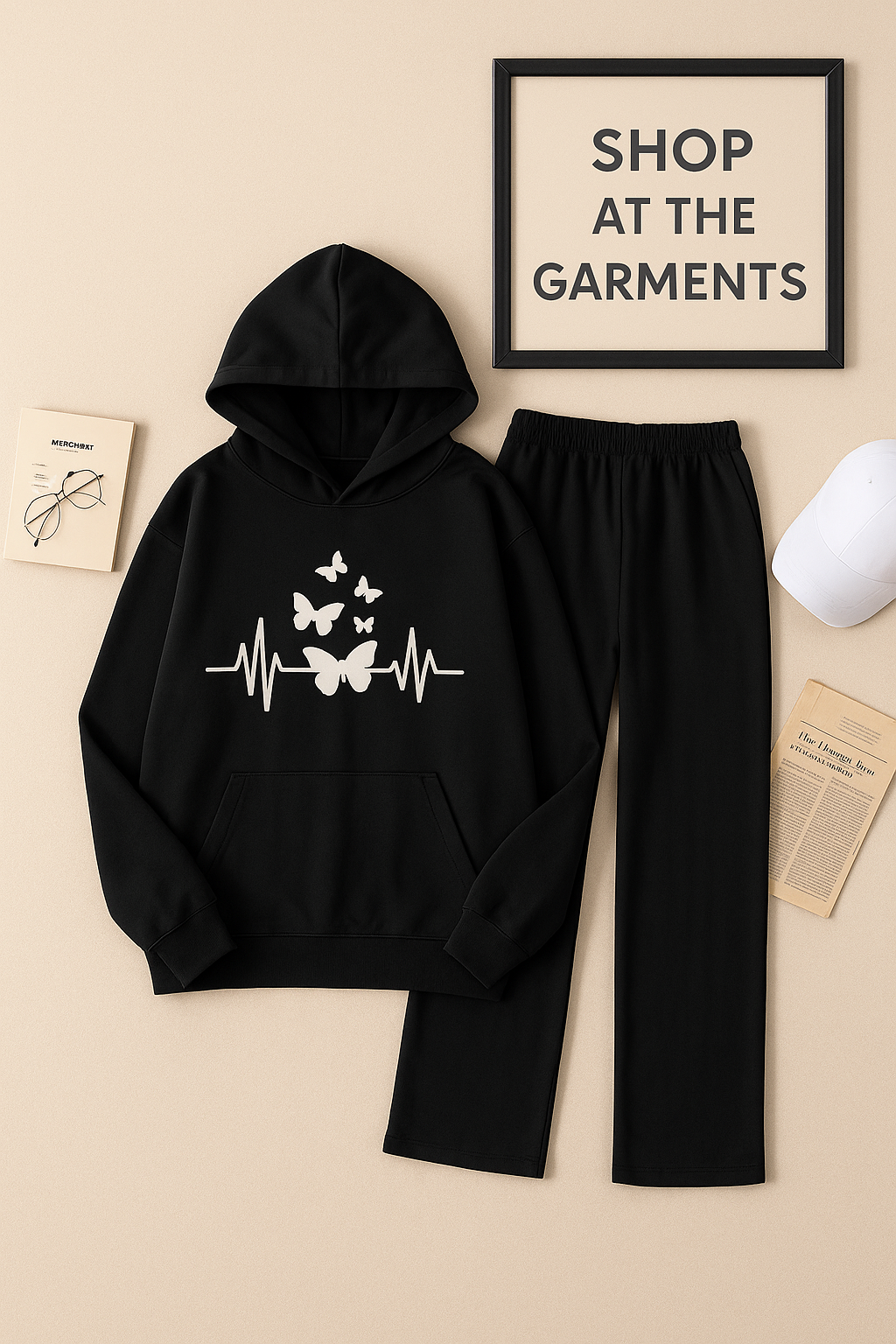 BUTTERFLY HEART BEAT BLACK HOODIE WITH BLACK FLAPPER
