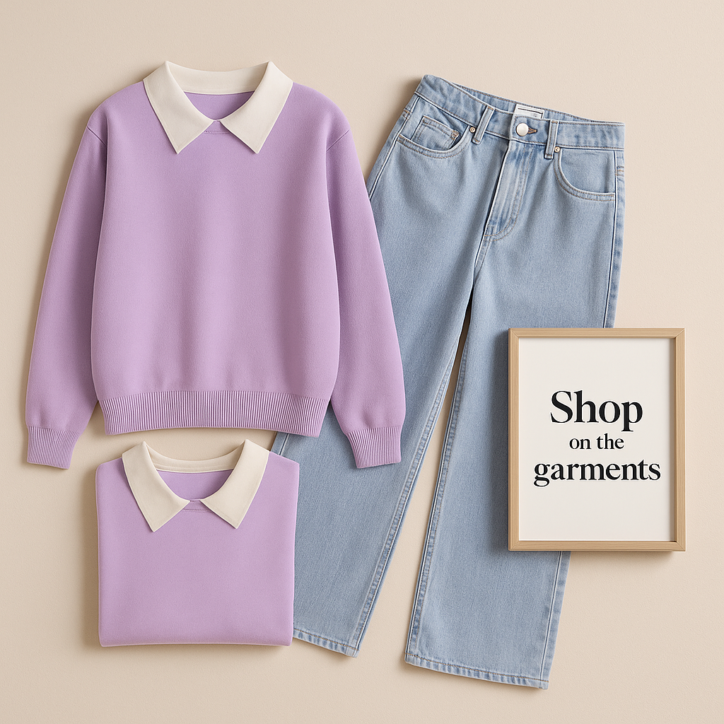 LILAC COLLAR SWEATSHIRT WITH ICE BLUE WIDE LEG  JEANS