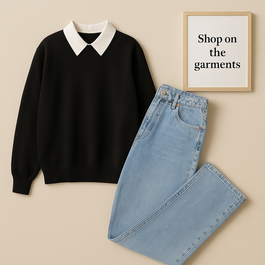 BLACK COLLAR SWEATSHIRT WITH SKY ICY BLUE WIDE LEG JEANS