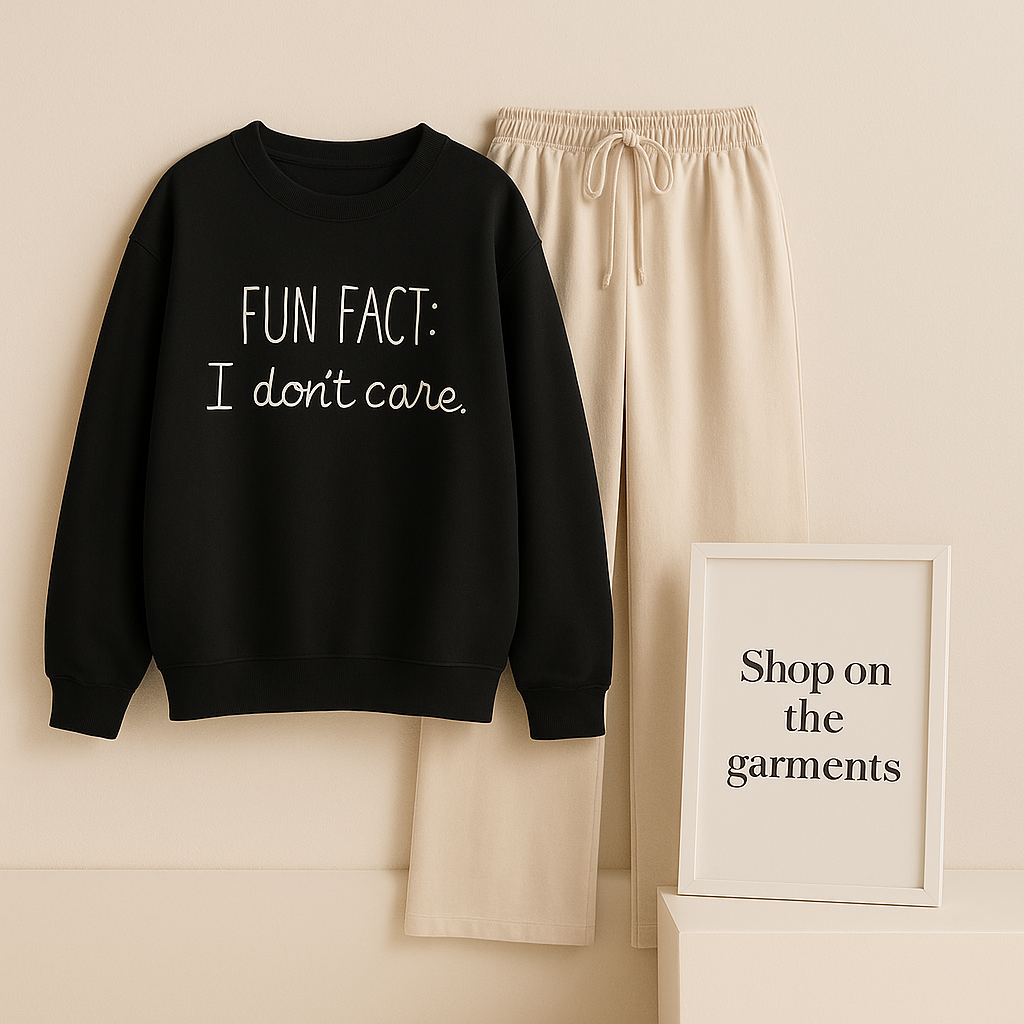 FUN FACT I DONT CARE BLACK SWEATSHIRT WITH BEIGE FLAPPER