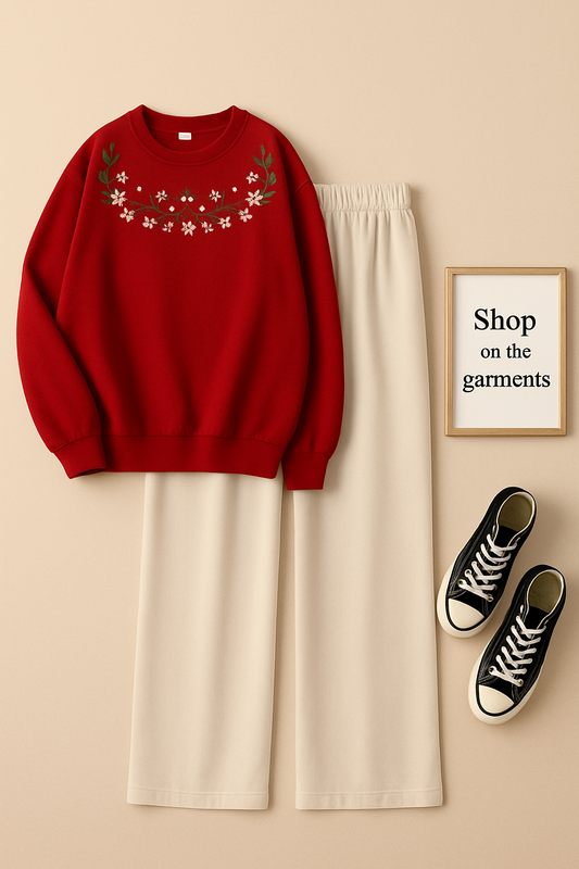 RED SWEATSHIRT FLOWER NECK WITH BEIGE FLAPPER