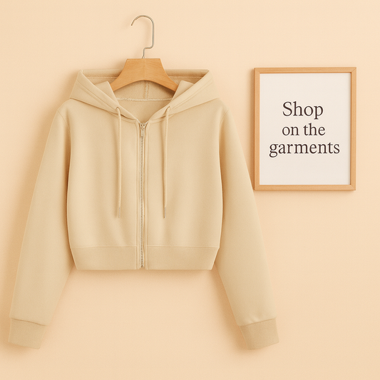 BEIGE CROP ZIPPER HOODIE