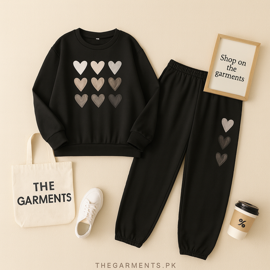 BROWN HEARTS BLACK SWEATSHIRT WITH TROUSER (BROWN HEARTS VERTICAL)