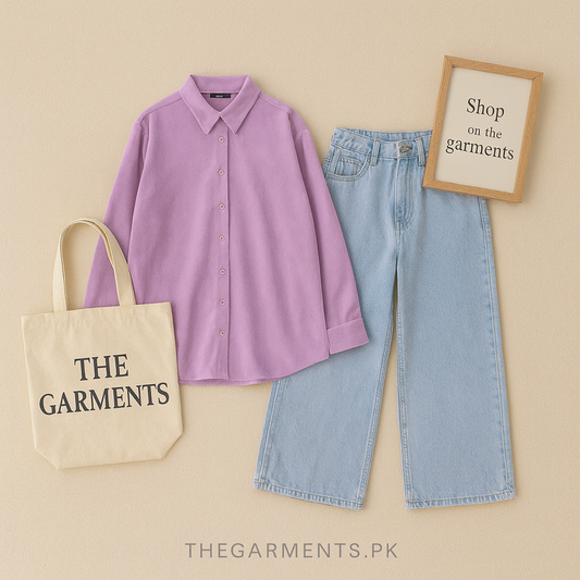 LILAC BUTTON SHIRT WITH PURE ICE BLUE WIDE LEG JEANS