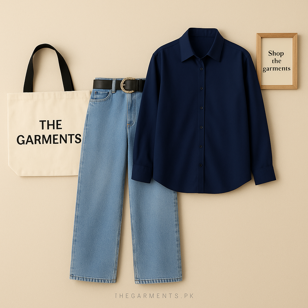 NAVY BLUE BUTTON SHIRT WITH SKY ICY BLUE WIDE LEG JEANS