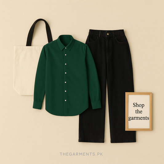 BOTTLE GREEN  BUTTON SHIRT WITH BLACK WIDE LEG JEANS