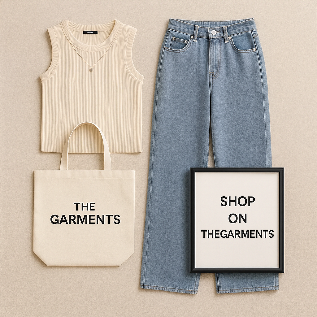 BEIGE TANKTOP WITH ICE BLUE WIDE JEANS