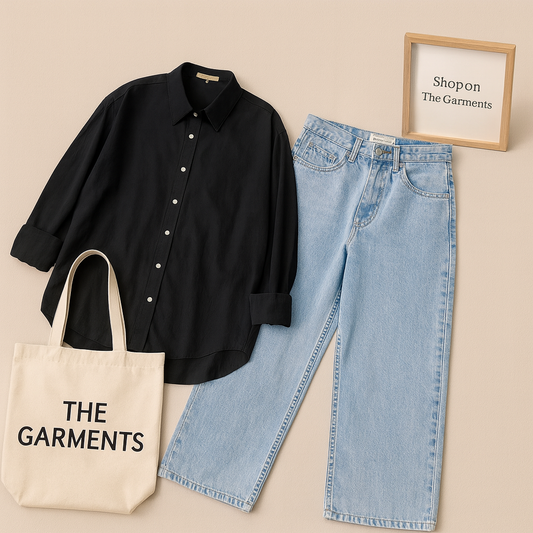 BLACK BUTTON SHIRT WITH ICE BLUE  WIDE LEG JEANS