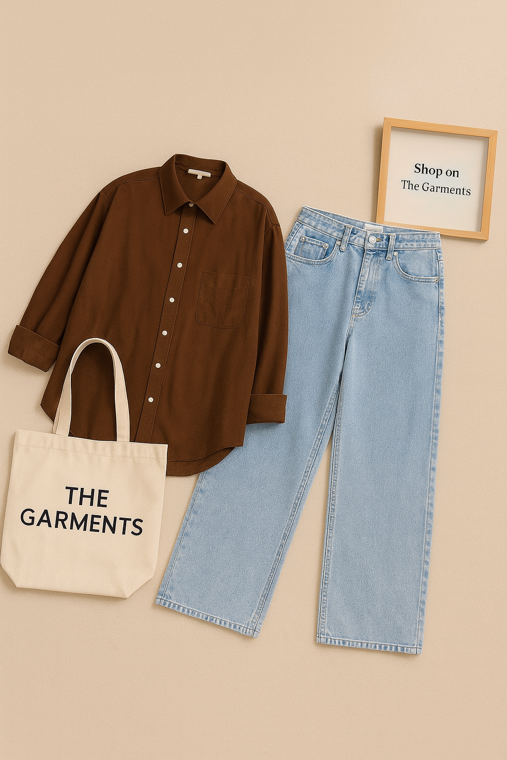 BROWN BUTTON WITH ICE BLUE WIDE LEG JEANS