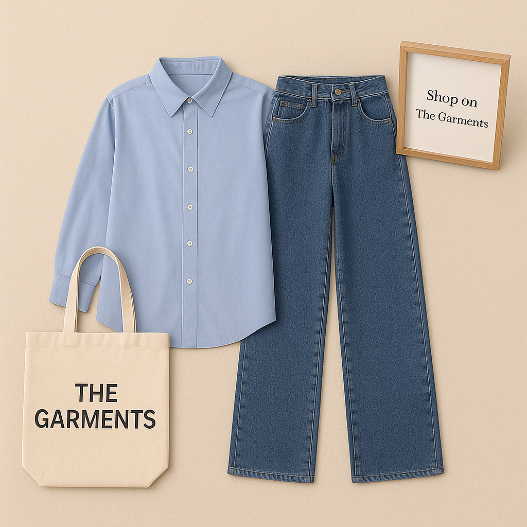 LIGHT BLUE BUTTON SHIRT WITH DARK BLUE WIDE LEG JEANS