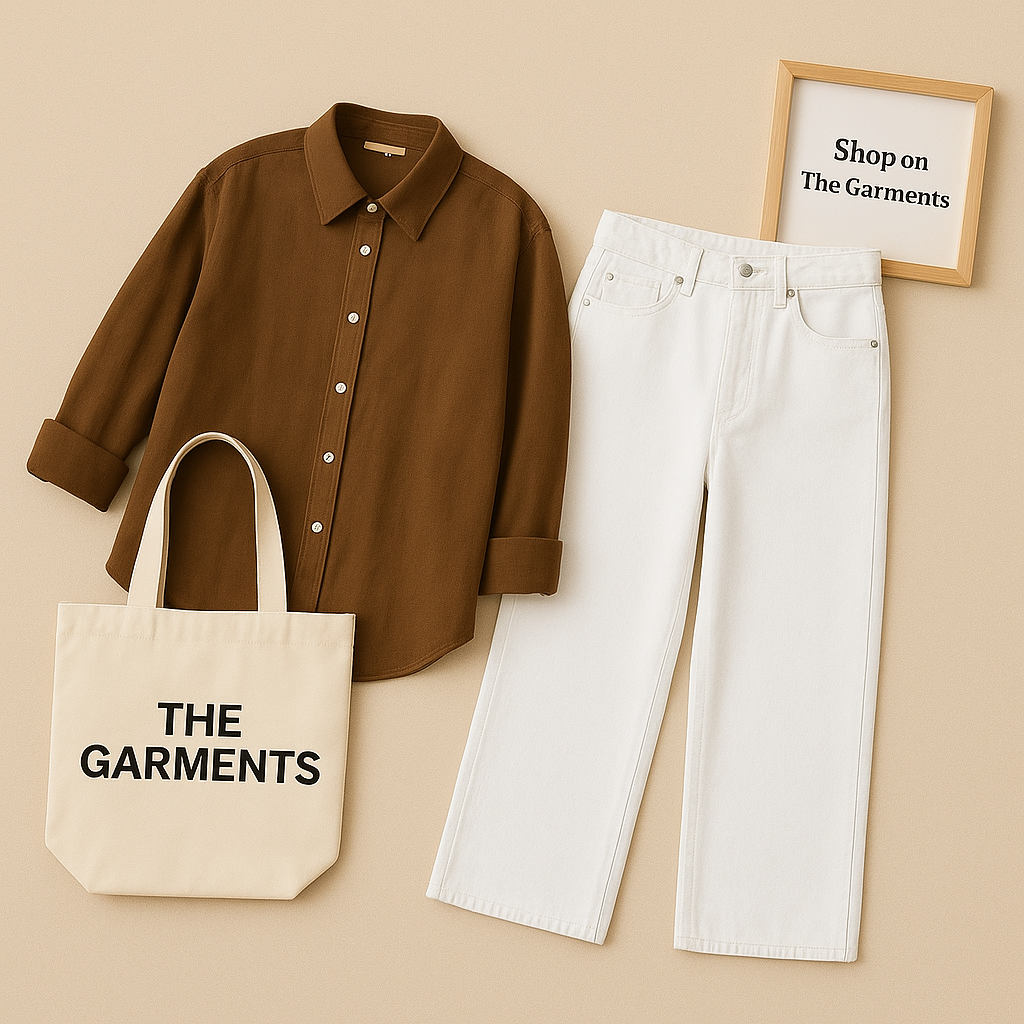 BROWN BUTTON SHIRT WITH WHITE WIDE LEG JEANS