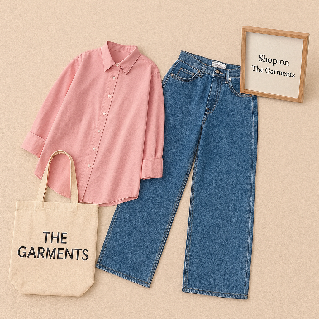 LIGHT PINK BUTTON SHIRT WITH SKY BLUE WIDE LEG JEANS