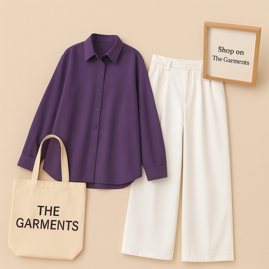 PURPLE BUTTON SHIRT WITH WHITE WIDE LEG JEANS