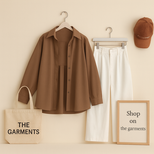 DARK BROWN BUTTON SHIRT WITH WHITE WIDE LEG JEANS