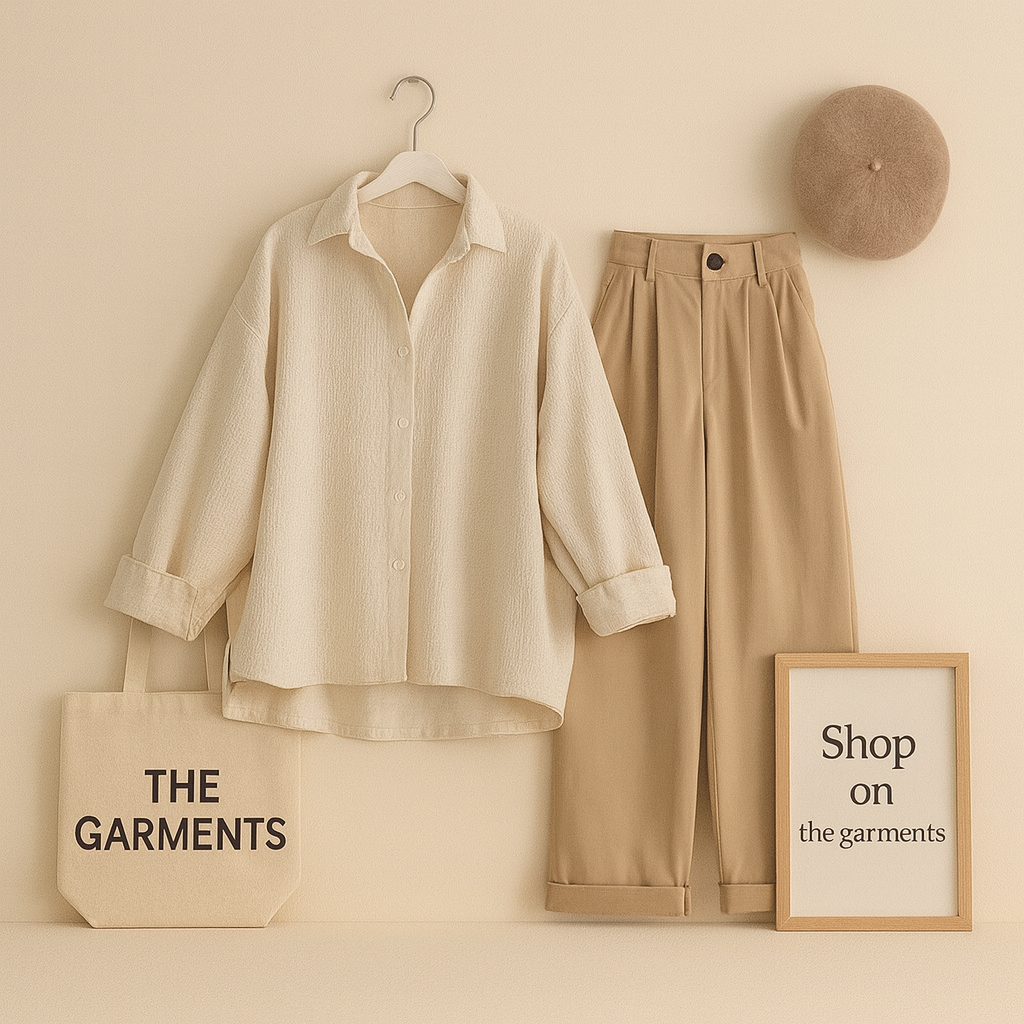 CREAM BUTTON SHIRT WITH BEIGE WIDE LEG JEANS