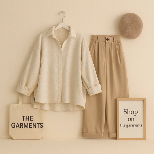 CREAM BUTTON SHIRT WITH BEIGE WIDE LEG JEANS