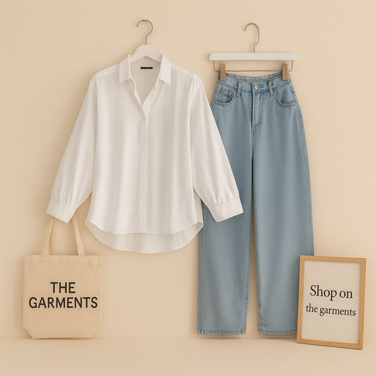 WHITE BUTTON SHIRT WITH ICE BLUE WIDE LEG JEANS