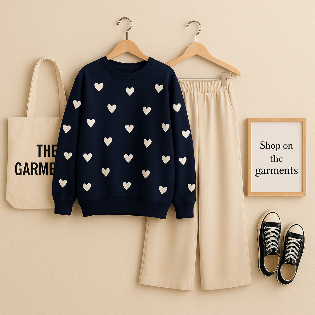 FILLED HEARTS ALL OVER NAVY BLUE SWEATSHIRT WITH BEIGE FLAPPER