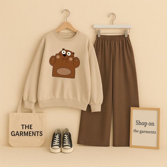 BEIGE SWEATSHIRT( BROWN BLUSHING BEAR) WITH BROWN FLAPPER