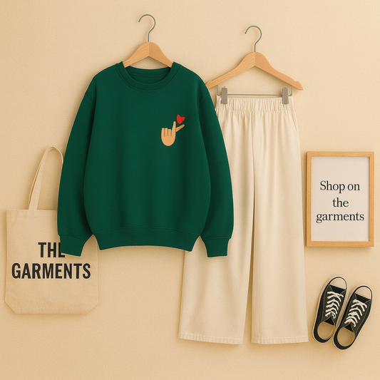 BOTTLE GREEN SWEATSHIRT POCKET LOVE CHARM WITH BEIGE FLAPPER
